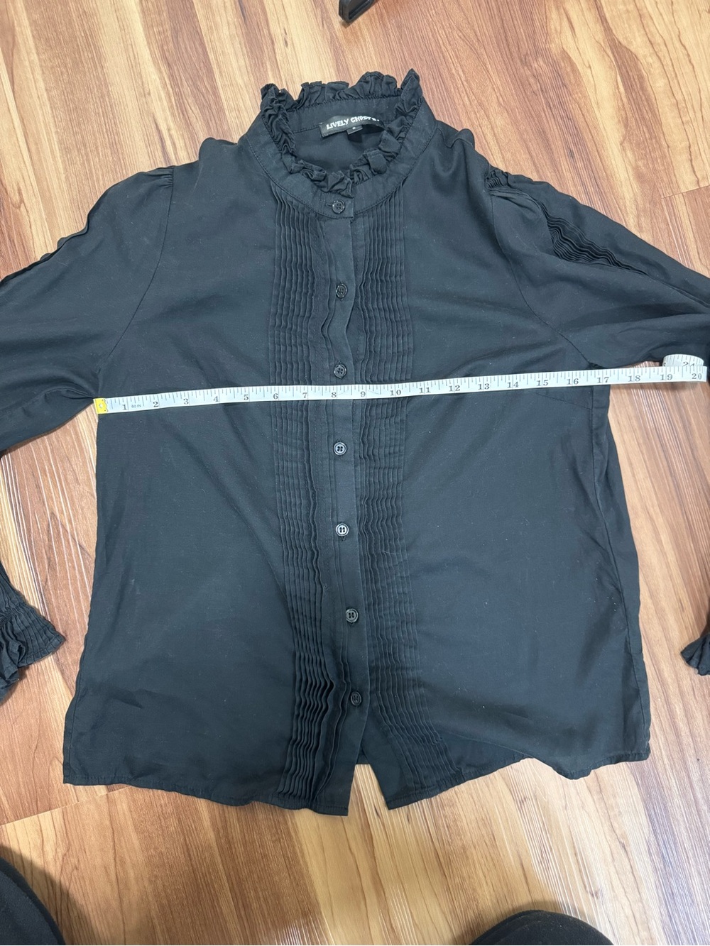 Black Ruffle-Neck Pintuck Button Front Blouse - Picture 6 of 8